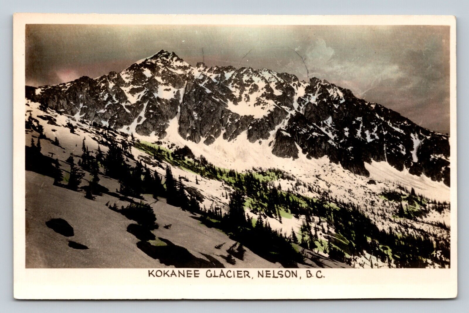 c1939 RPPC Kokanee Glacier NELSON B.C. PREVENT FOREST FIRES Cancel VTG Postcard