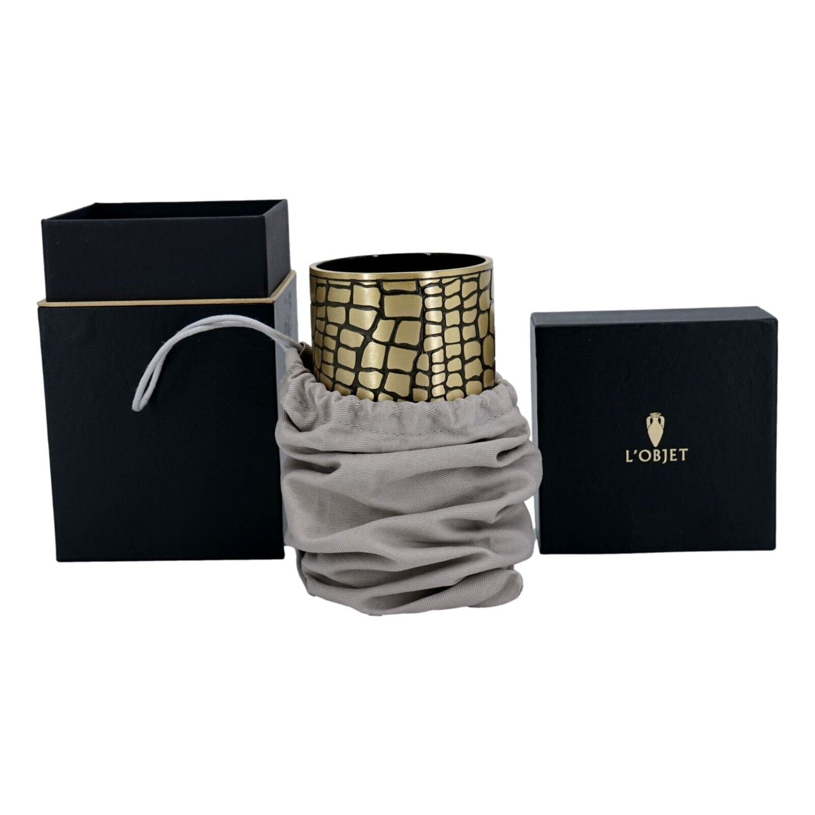 L'Objet Crocodile Black and Gold Brass Vase with Box and Dust Bag