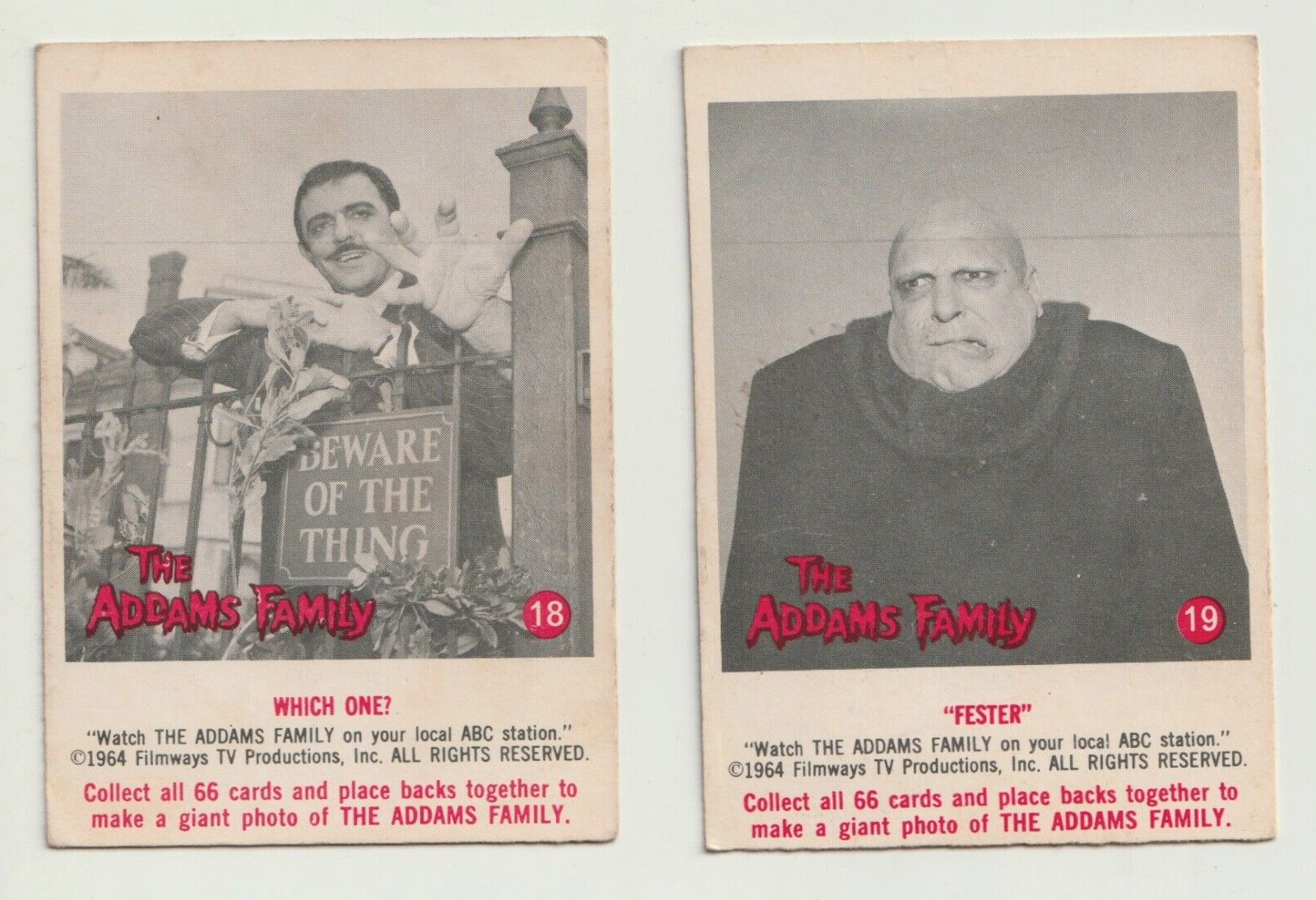 VINTAGE 1964 ADDAMS FAMILY TV SHOW SCANLENS DONRUSS TRADING CARDS 18 19 fester