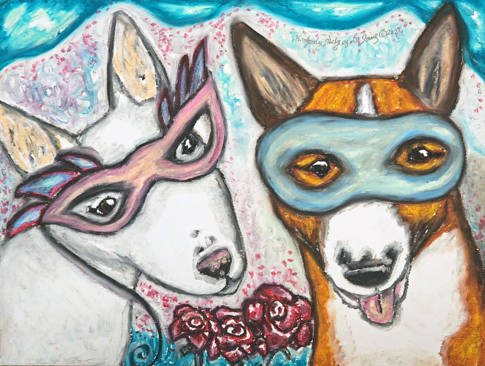 BULL TERRIER Original 9x12 Oil Pastel Painting Artist KSams Masquerade Dog Art