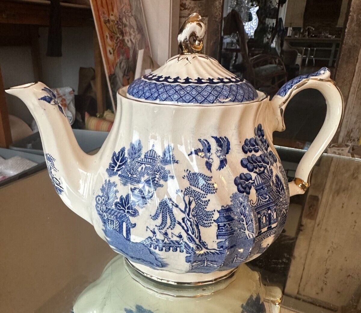 Vtg Sadler England Blue Willow Village Pattern Teapot Beautiful Old Piece READ