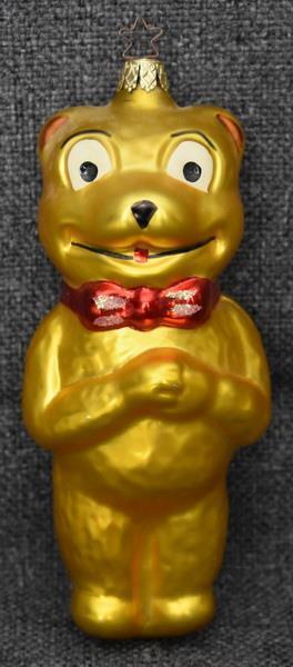 ADORABLE LARGE VINTAGE GOLD TEDDY BEAR CHRISTMAS ORNAMENT WITH RED NECK RIBBON