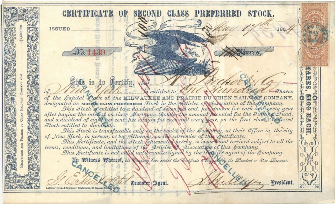 Milwaukee and Prairie Du Chien Railway Co. - 1864 Stock Certificate - Railroad S