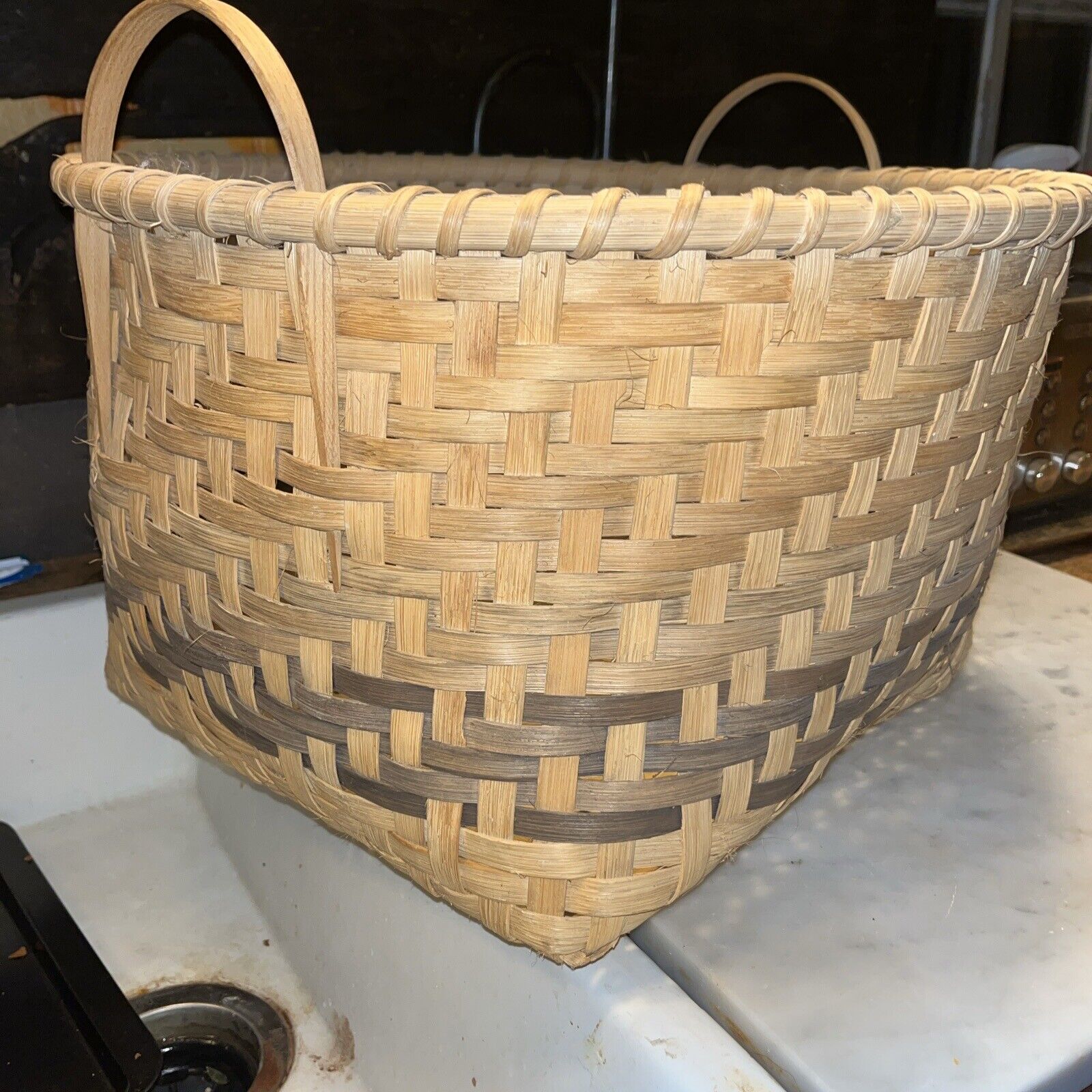 Native American Split Wood Basket w/ Handles Graduating Gray MASSIVE new 18x10