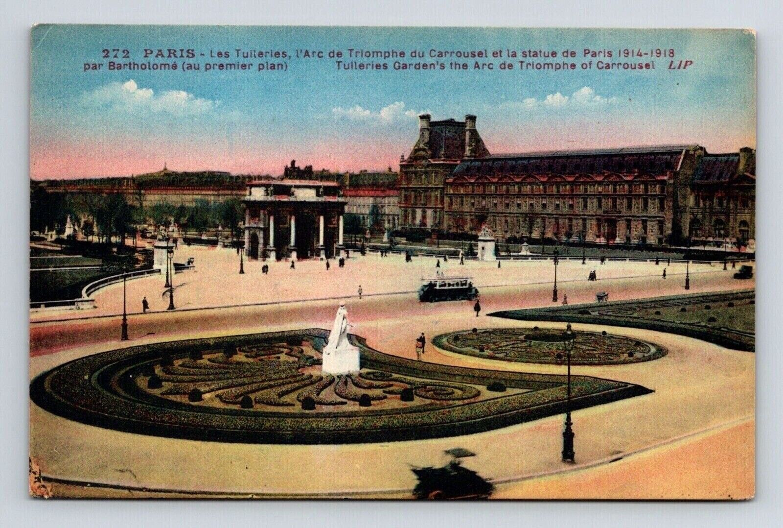 Scenic View Paris Swirled Flower Gardens People Bus Buildings Postcard Unused