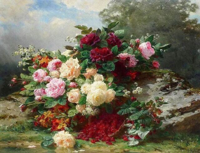 Art Oil painting Jean Baptiste Robie Belgian painter flowers roses canvas