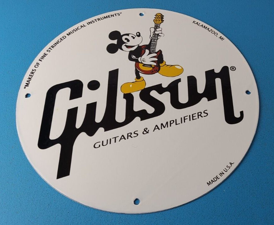 Vintage Gibson Guitars - Mickey Mouse Porcelain Gas Pump Service Station Sign