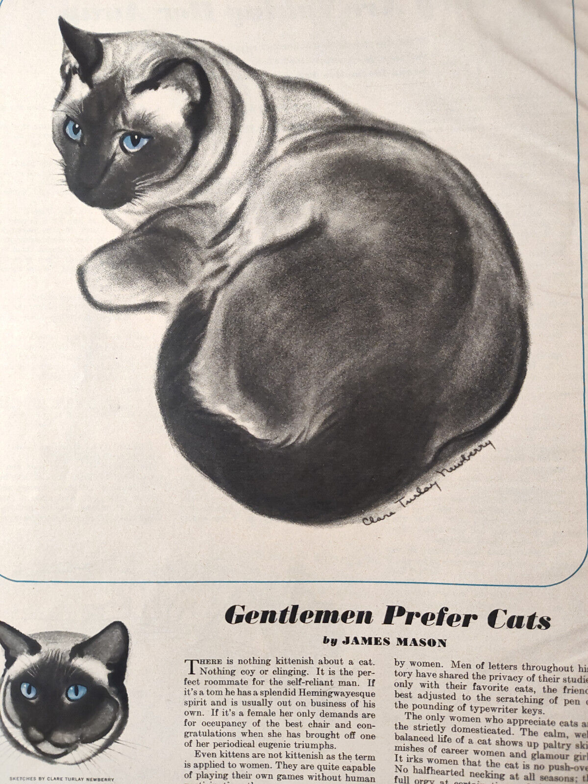 1948 Esquire Art Gentlemen Prefer Cats James Mason Clara Newberry Roark Bradford
