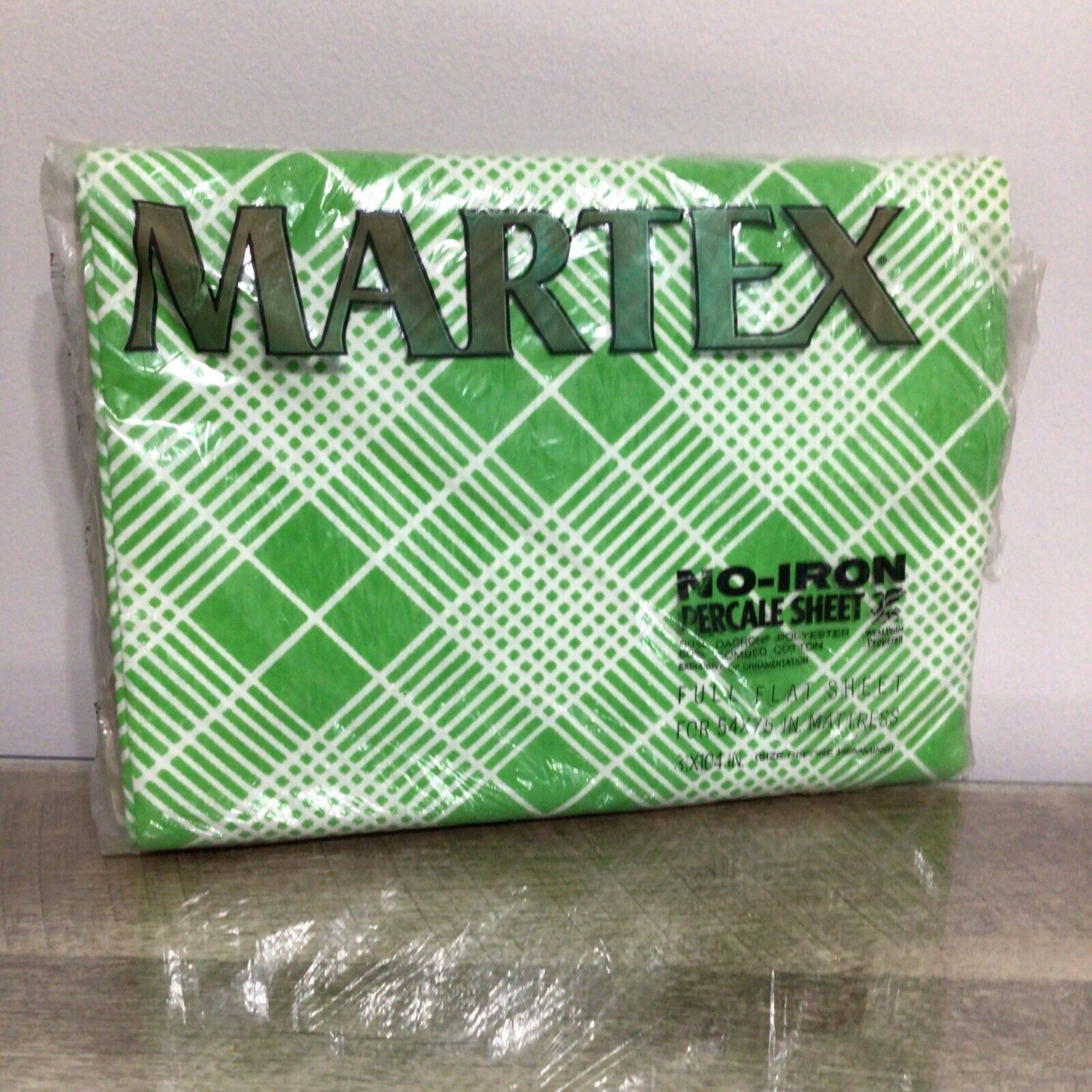 Vintage MARTEX No Iron Percale Full Flat Sheet Green White Plaid Picket