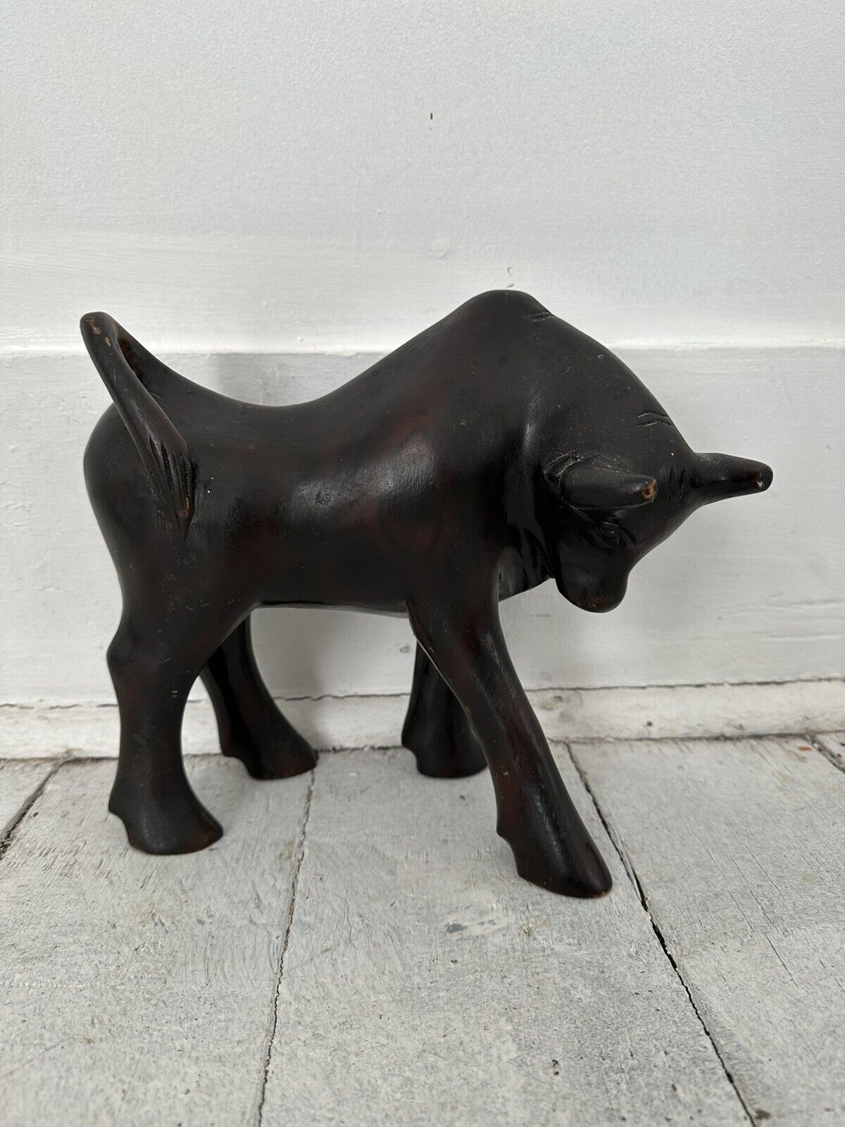 Vintage Hand Carved Polished Wood Bull Sculpture 