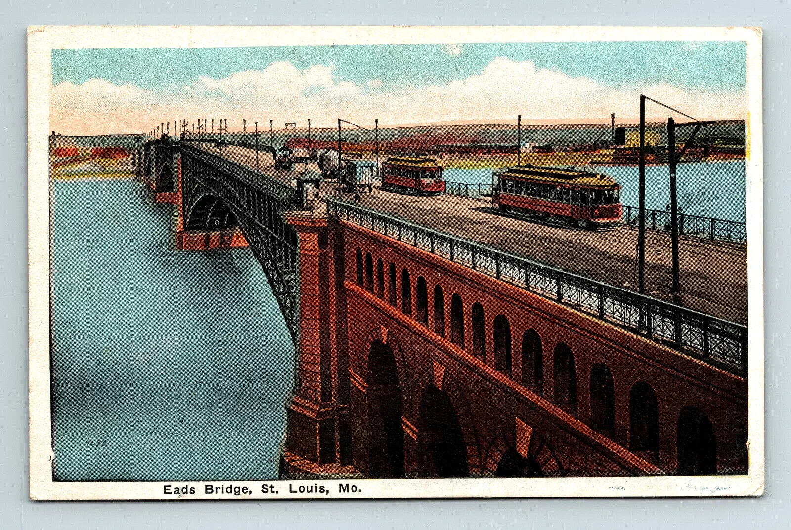 c1920 WB Postcard St. Louis MO Eads Bridge Trolley Cars Streetcars Horse Carts