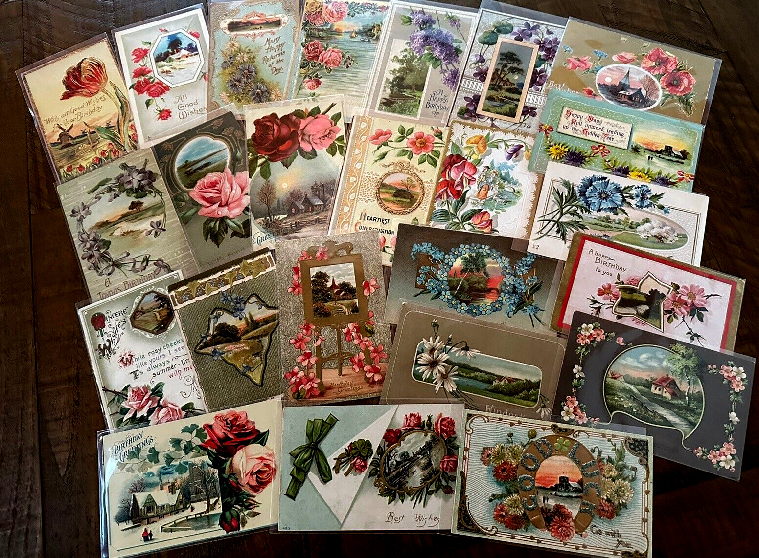 ~Lot of 23 Vintage~Greetings Postcards~Scenes & Flowers~ Floral -in sleeves-k223