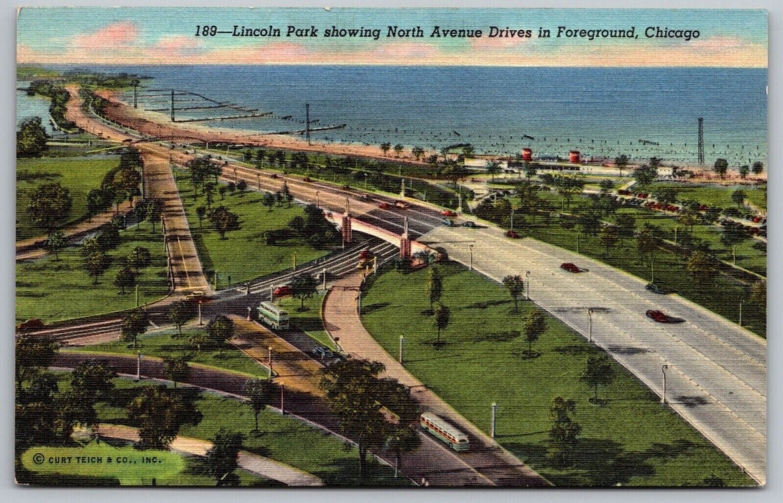 Lincoln Park North Avenue Drives Chicago Illinois Birds Eye View Linen Postcard
