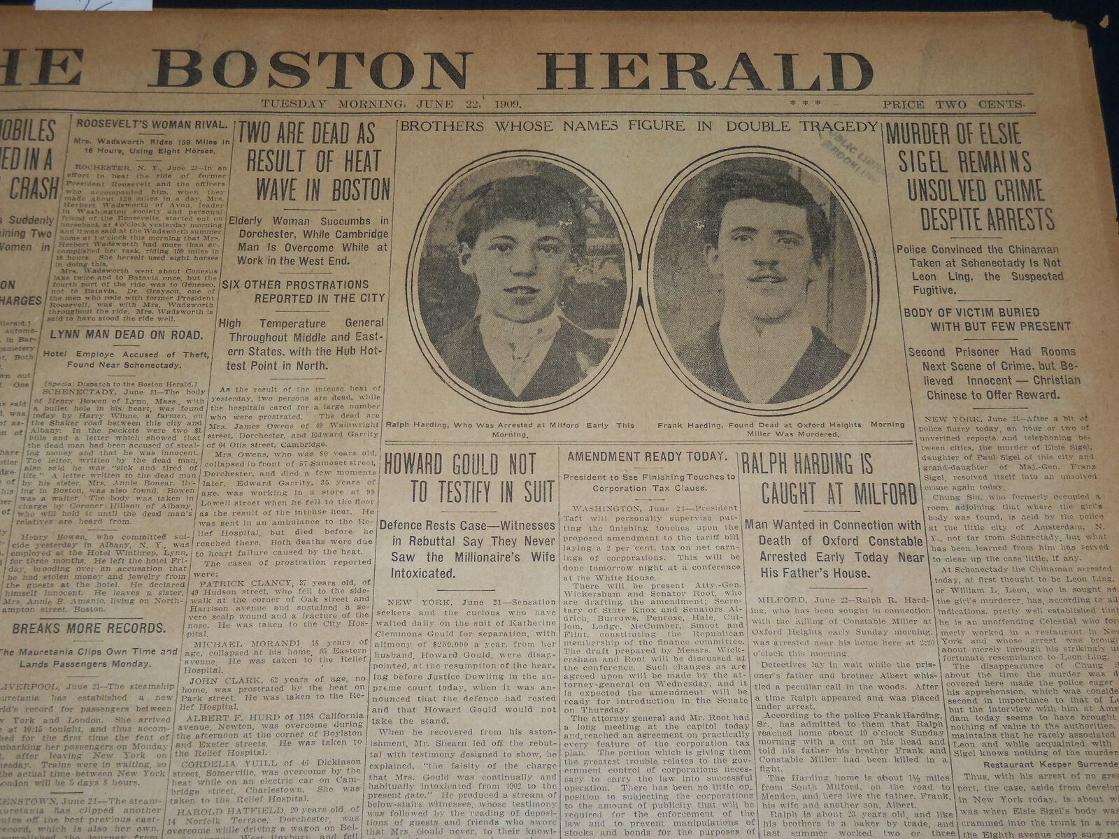 1909 JUNE 22 THE BOSTON HERALD - RALPH HARDING CAUGHT AT MILFORD - BH 371