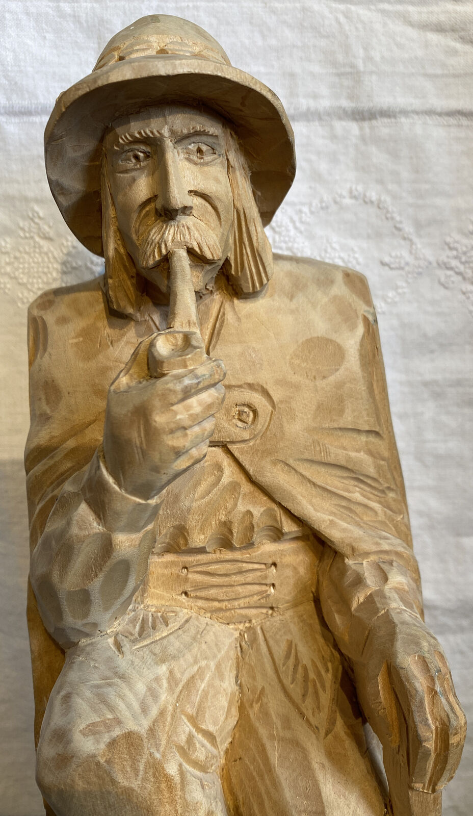 Vintage Hand Carved Wood Man Smoking Pipe w/ Cane German Traveler Signed 16”
