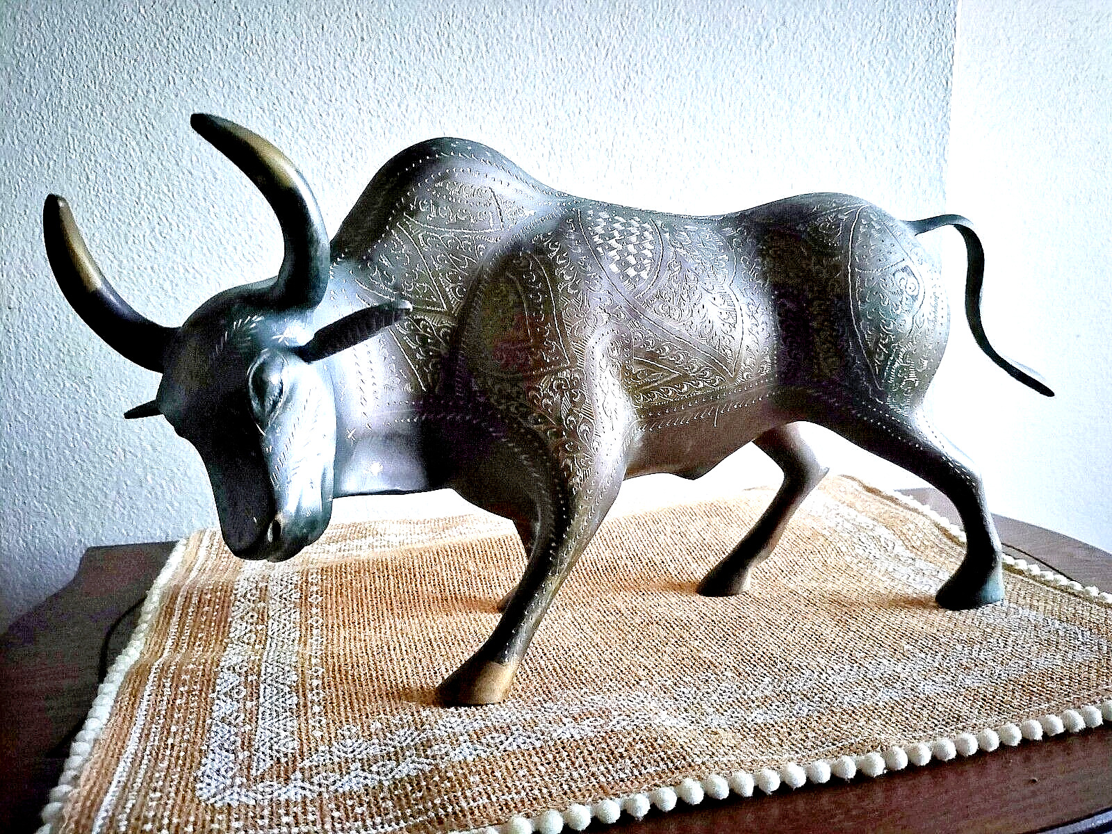 Vintage Etched Solid Brass Bull Statue