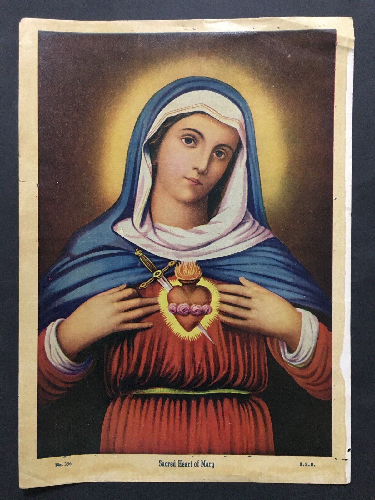 India 50's Vintage Print SACRED HEART OF MARY 10in x 14in (11812)