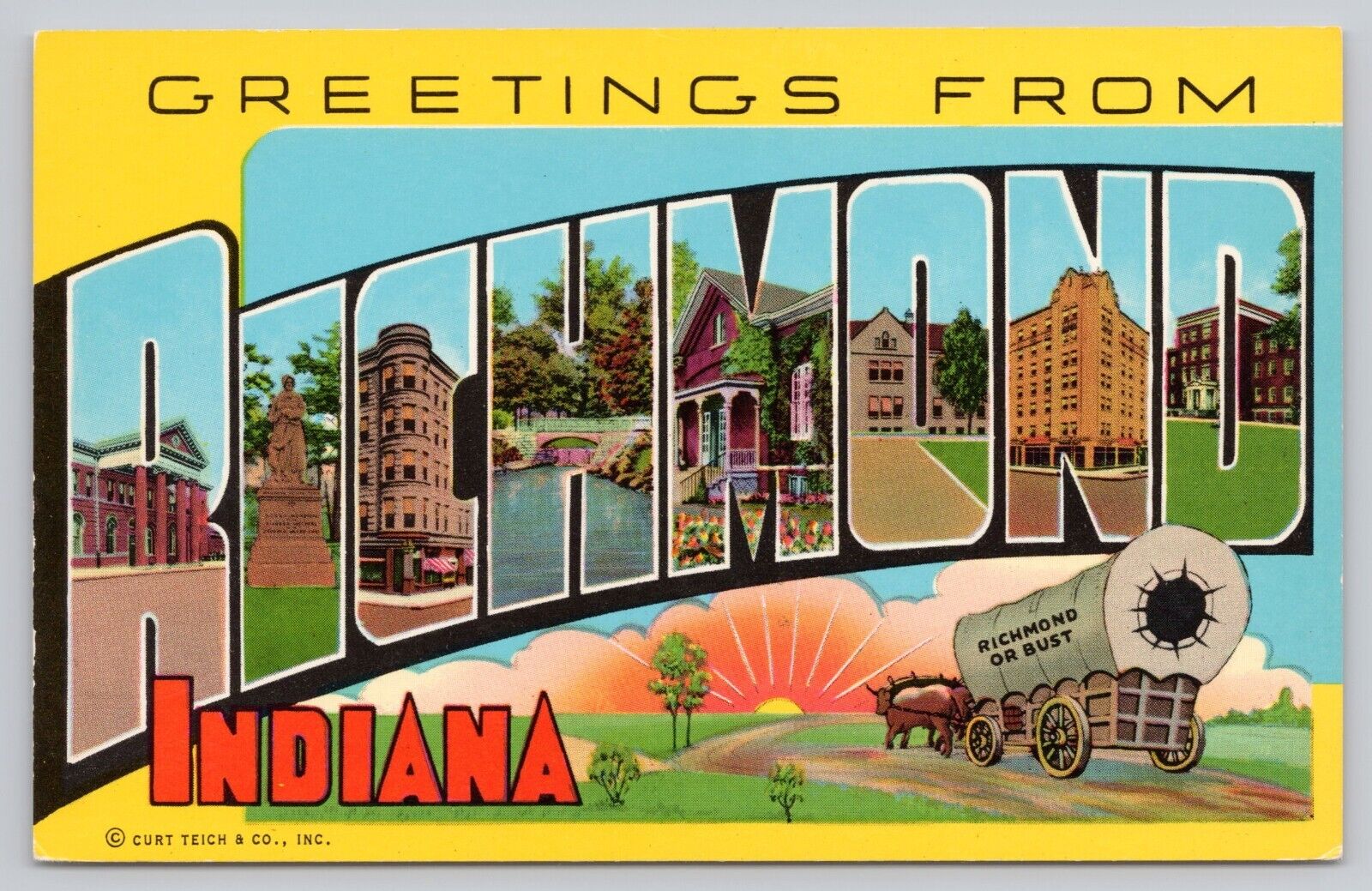 Richmond Indiana, Large Letter Greetings, Covered Wagon, Vintage Postcard