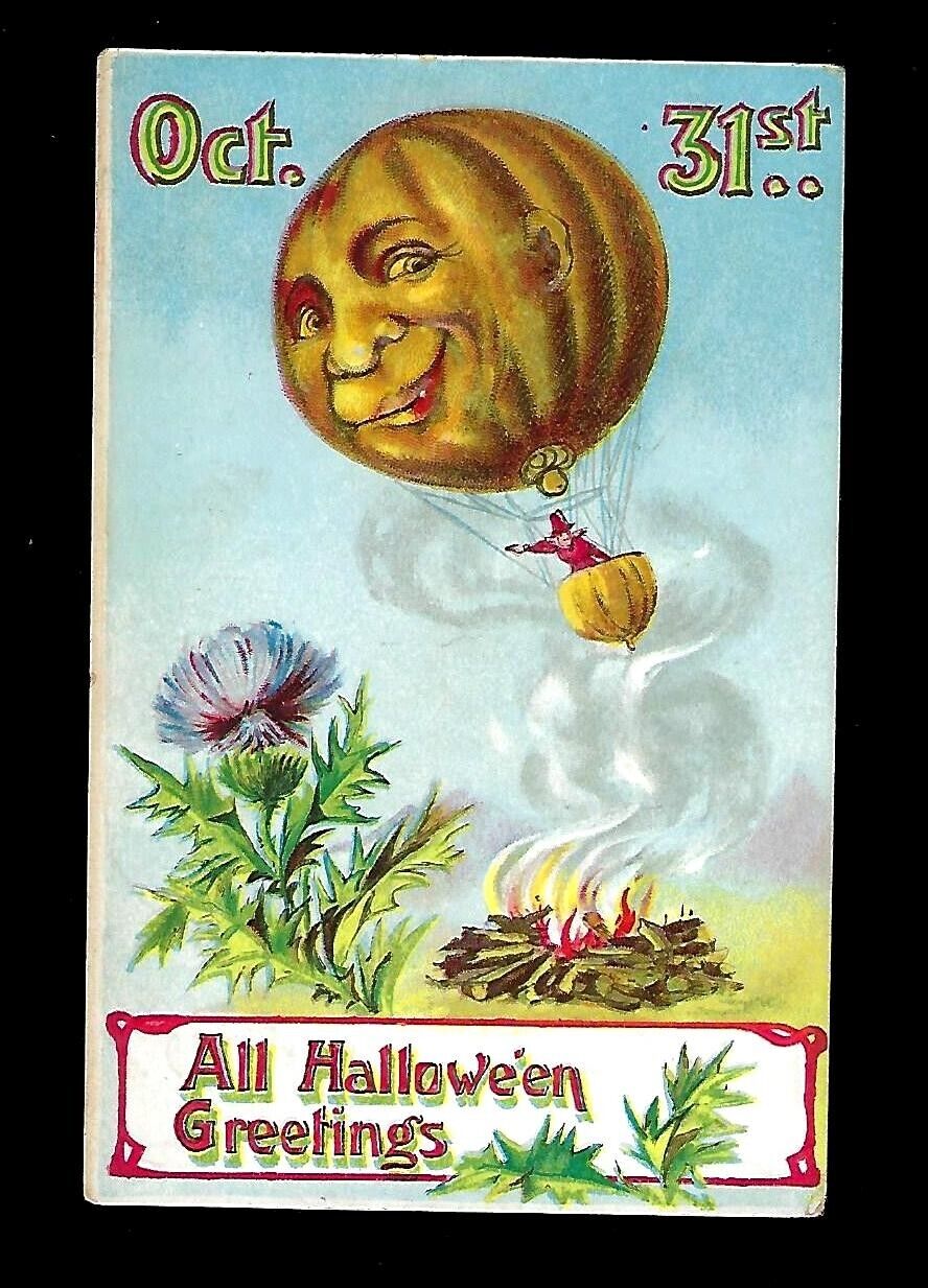c1909 Halloween Postcard Pumpkin Air Balloon Campfire Embossed