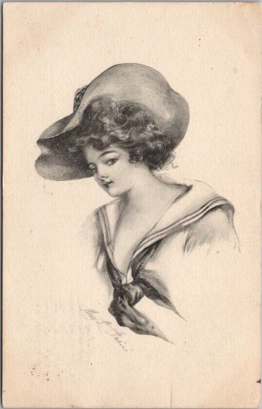 Artist-Signed MAY FARINI Postcard Pretty Lady / Large Hat / Low-Cut Top - 1911