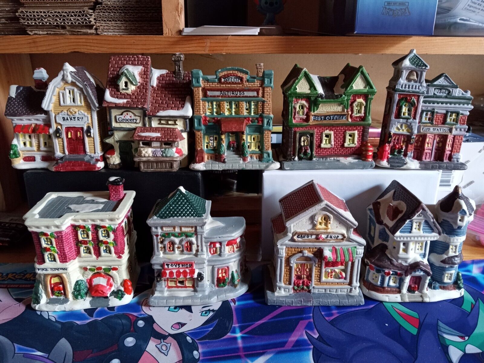 Ceramic Christmas Village Lot Of 9 (Firehouse,Bank,Toy Shop,Post Office)