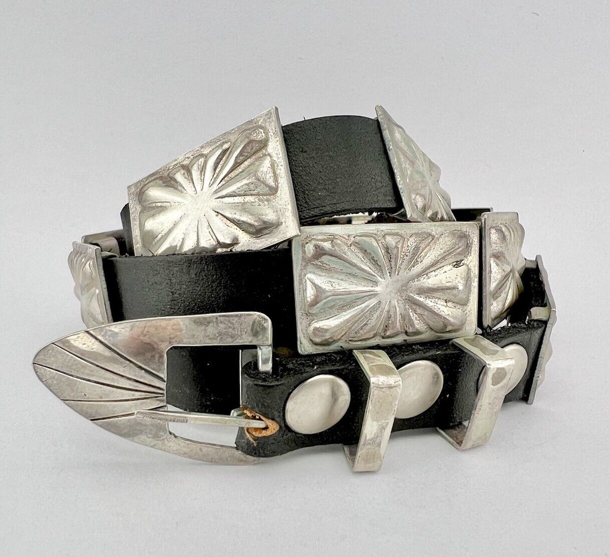 Vtg Navajo Native American Sterling Silver 17 Concho Hat Band & Buckle - 76.3g