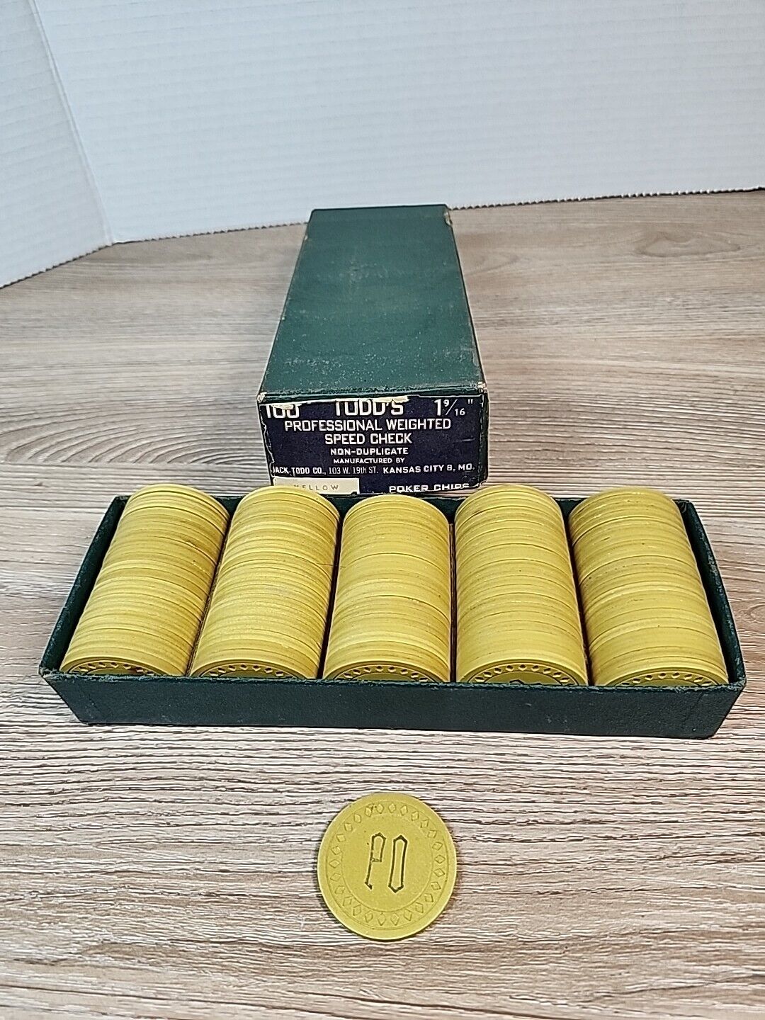 Vintage ILLEGAL P O UNKNOWN Yellow Diamond Stamped 105 POKER CHIPS Jack Todd Co