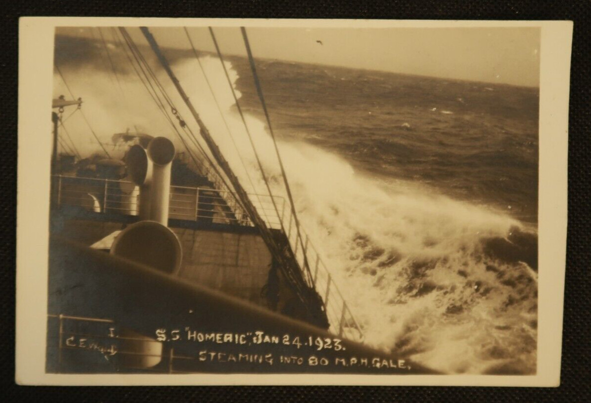SS Homeric Jan. 24th 1923 Steaming in 80 MPH Gale Wind Postcard RPPC Ocean Liner