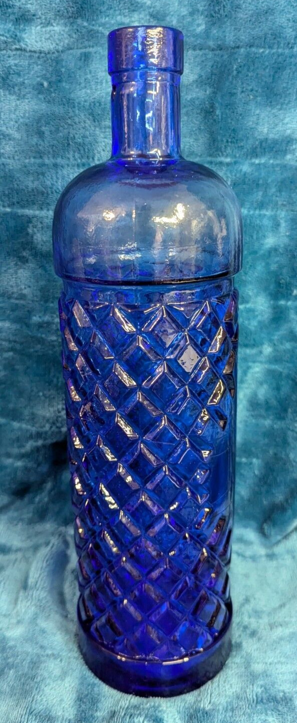 Vintage Cobalt Blue Glass Bottle Diamond Pattern