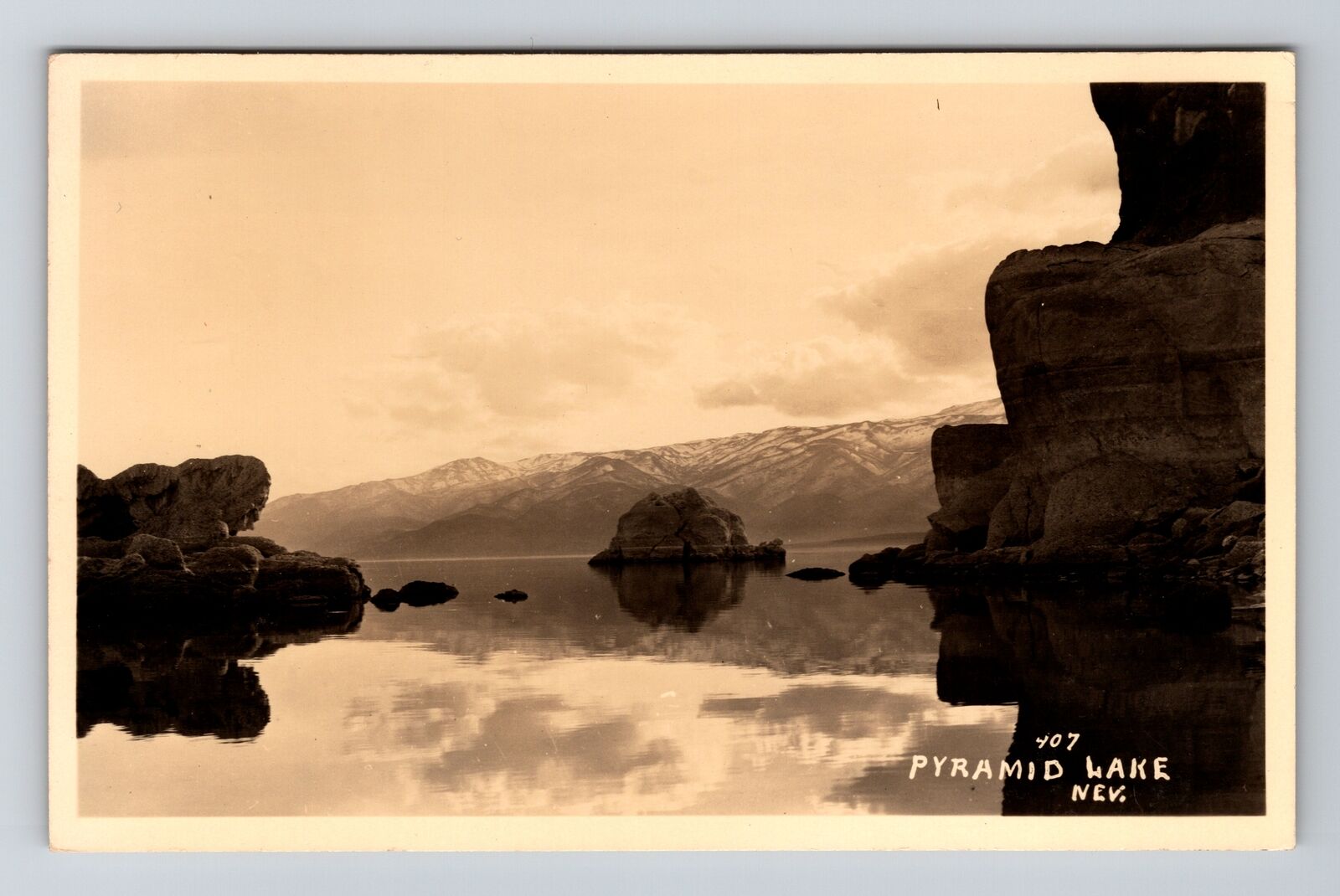 Pyramid Lake NV-Nevada RPPC, Scenic Mirror Lake, Real Photo c1920 Postcard