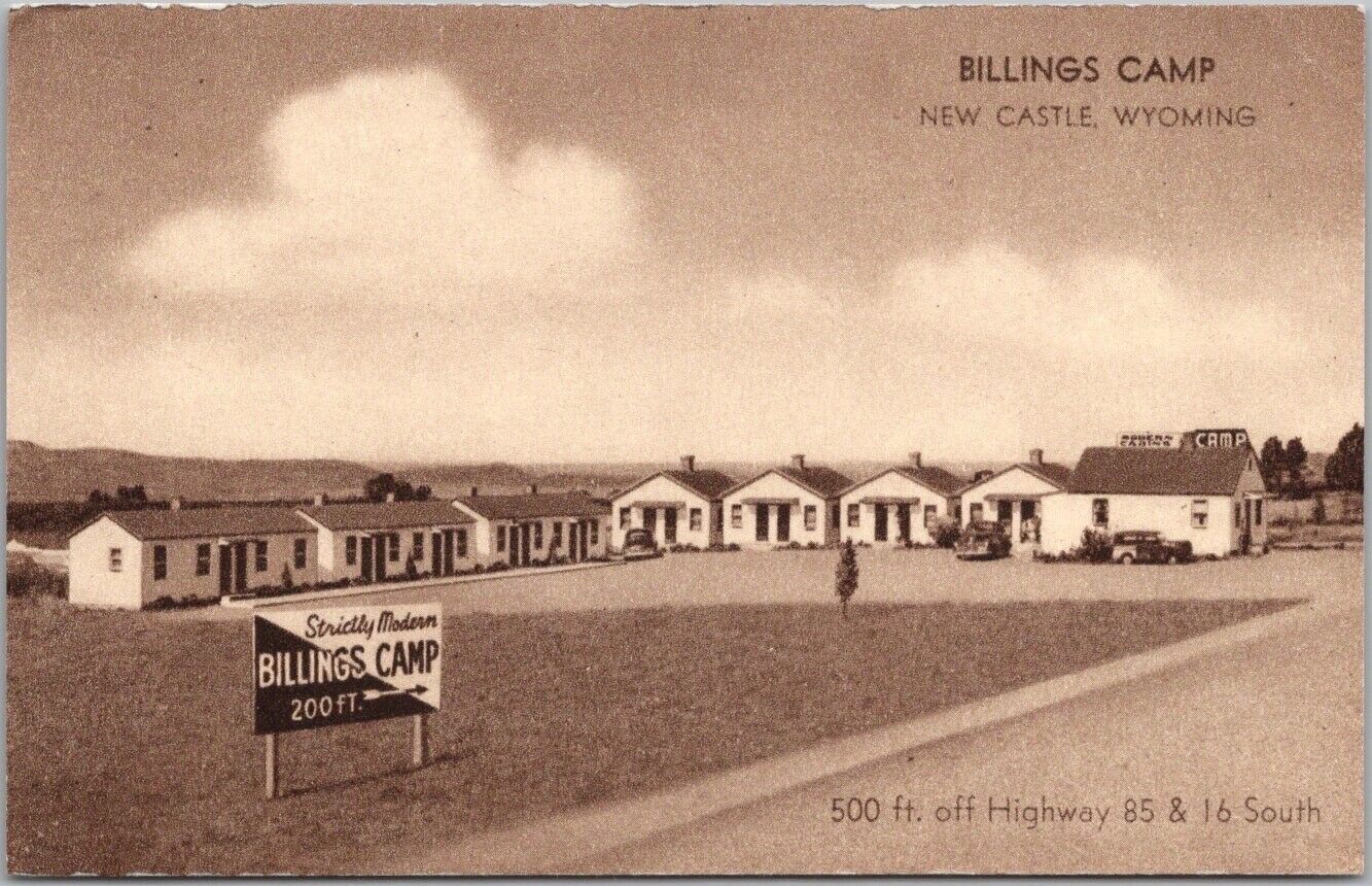 1950s NEWCASTLE, Wyoming Postcard BILLINGS CAMP Highway 16 Roadside / Unused