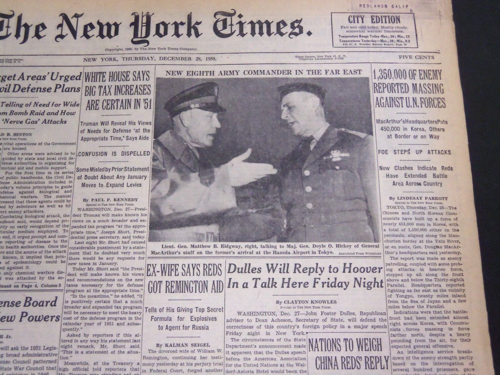 1950 DEC 28 NEW YORK TIMES - 1,350,000 MASSING AGAINST U. N. FORCES - NT 4737