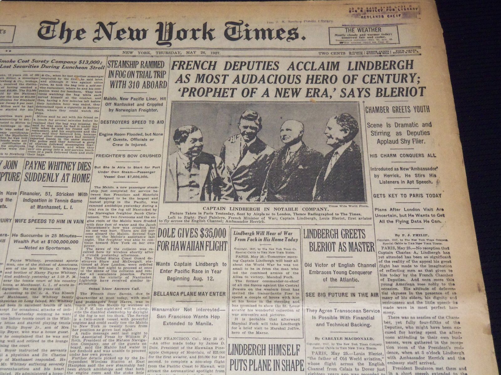 1927 MAY 25 NEW YORK TIMES - JAM TO SEE LINDBERGH BURSTS WINDOWS - NT 9555