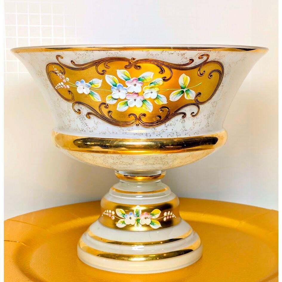 Bohemian Czech Art Glass Lrg Pedestal Bowl-Gold w/ Handpainted Flowers 