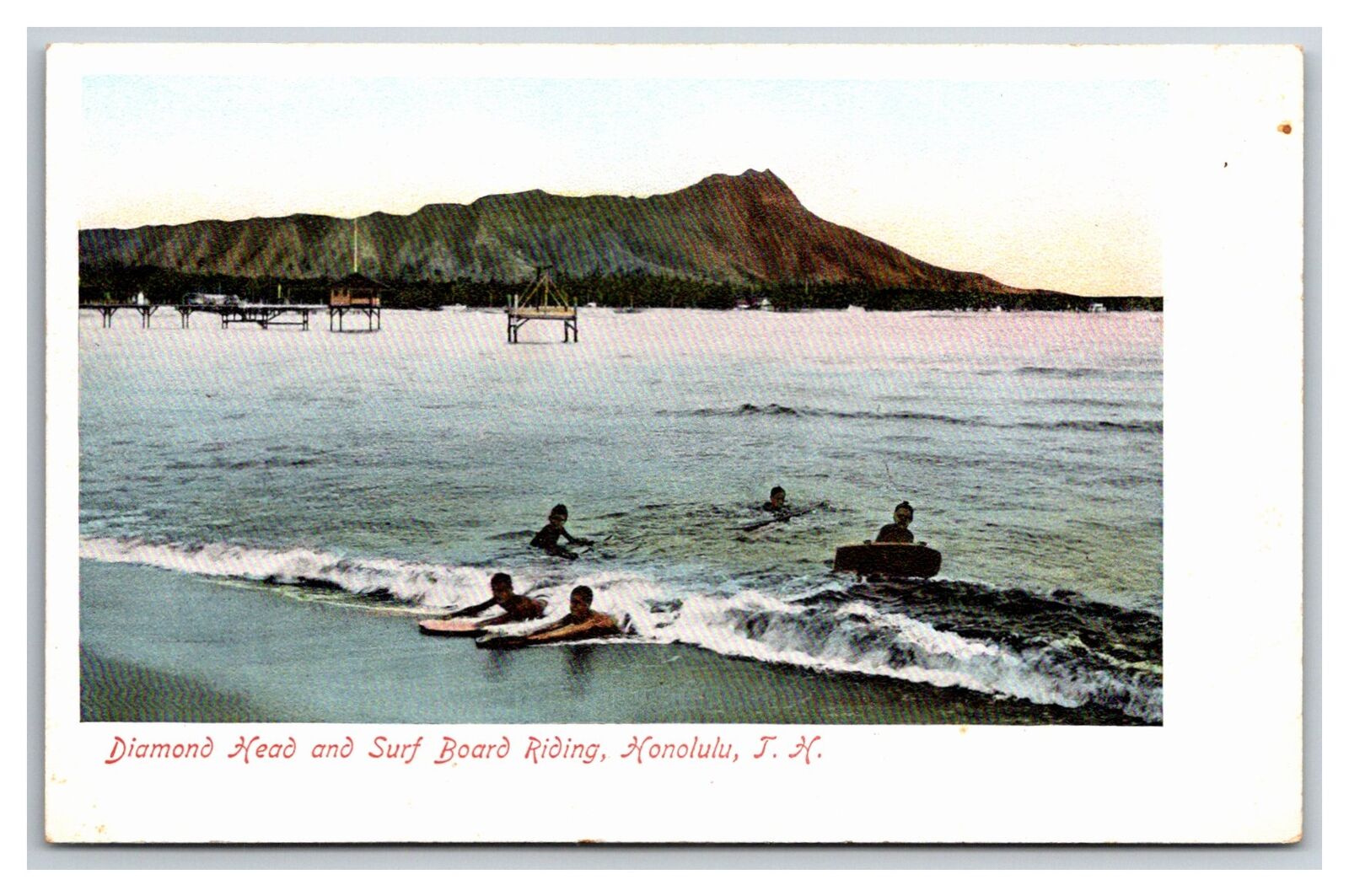 Honolulu HI Diamond Head, Surf Board Riding Old Postcard; 1905c Crisp