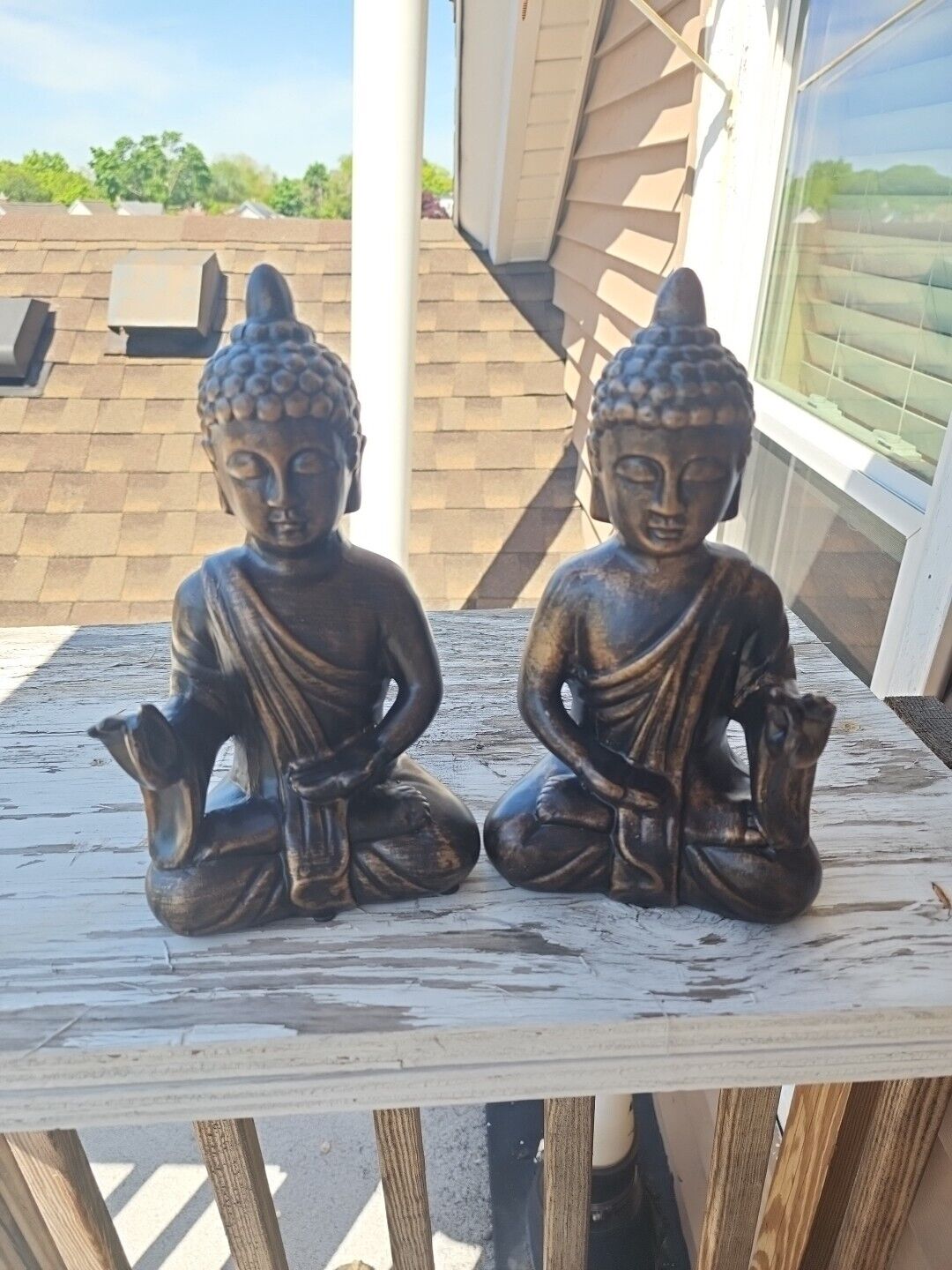 2 Meditating Buddha Bronze Color Statues Ceramic