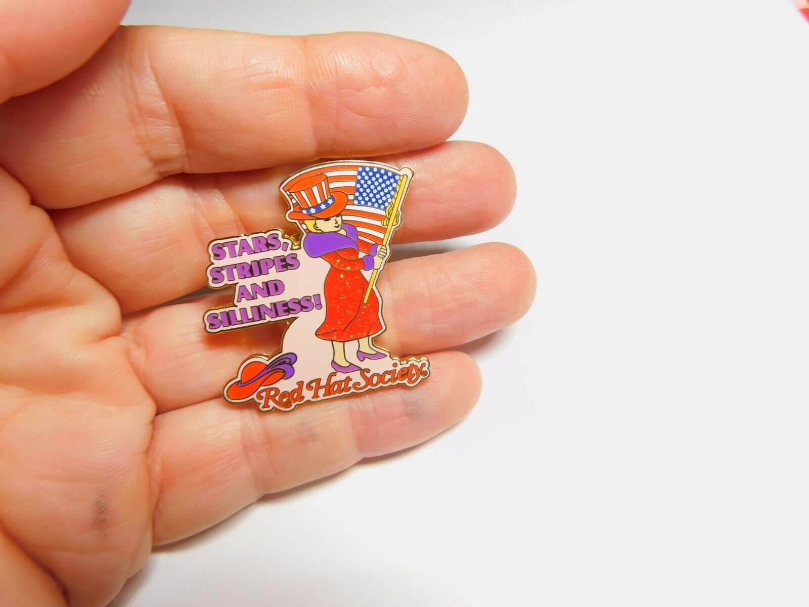 Collectable Enamel Patriotic Star Stripes Silliness Red Hat Society Pin Vintage