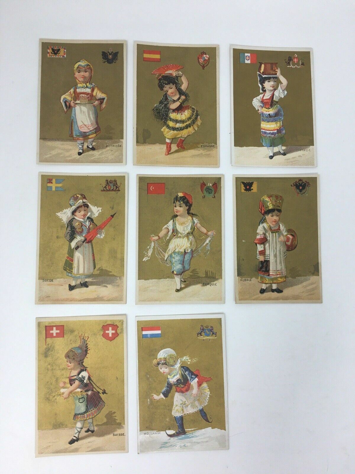 Victorian Collector Cards International Children Country Flags Seals Lot of 8