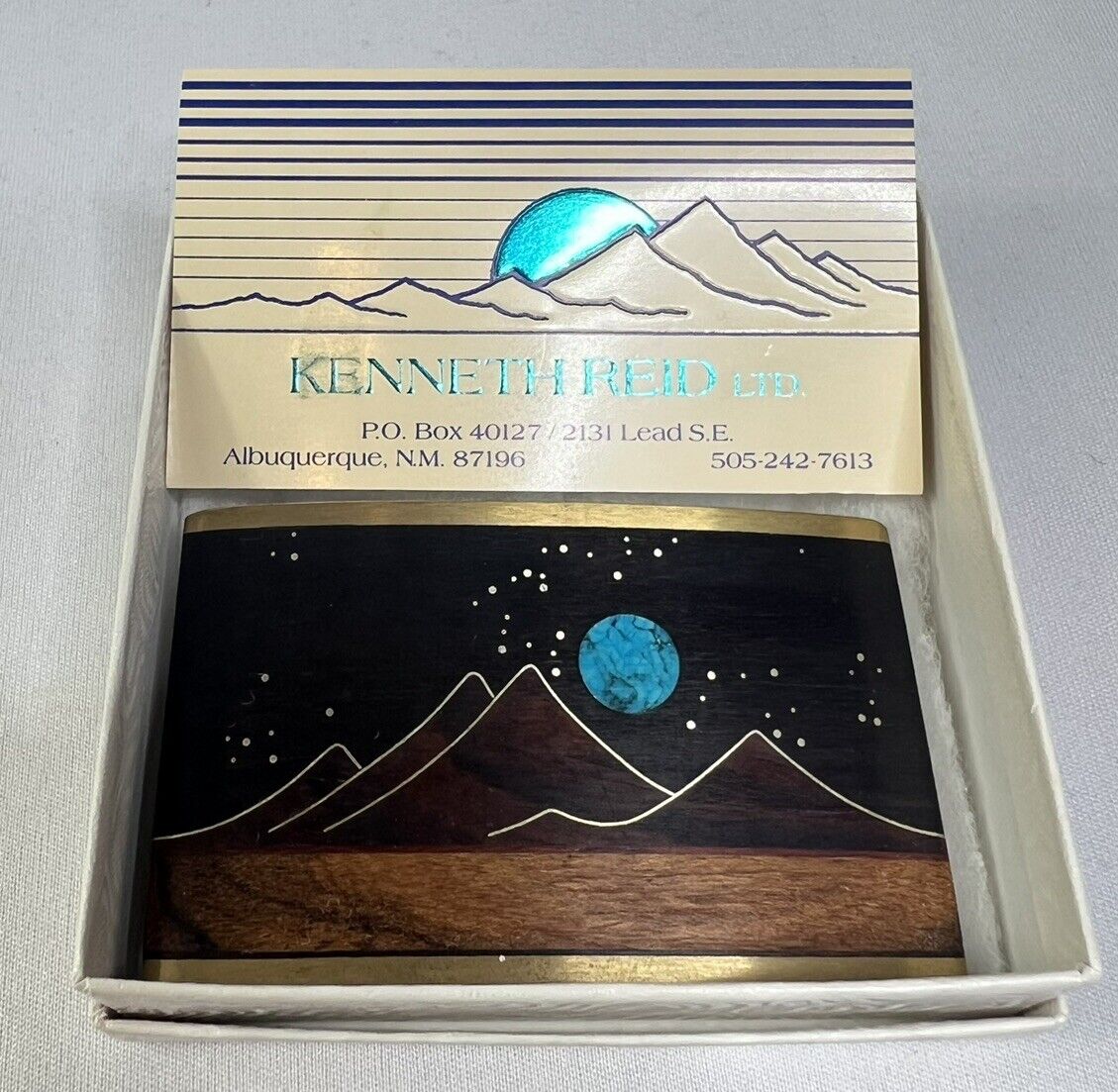 Vintage Southwestern Kennth Reid Wood Turquoise Moon Stars Mountain Belt Buckle