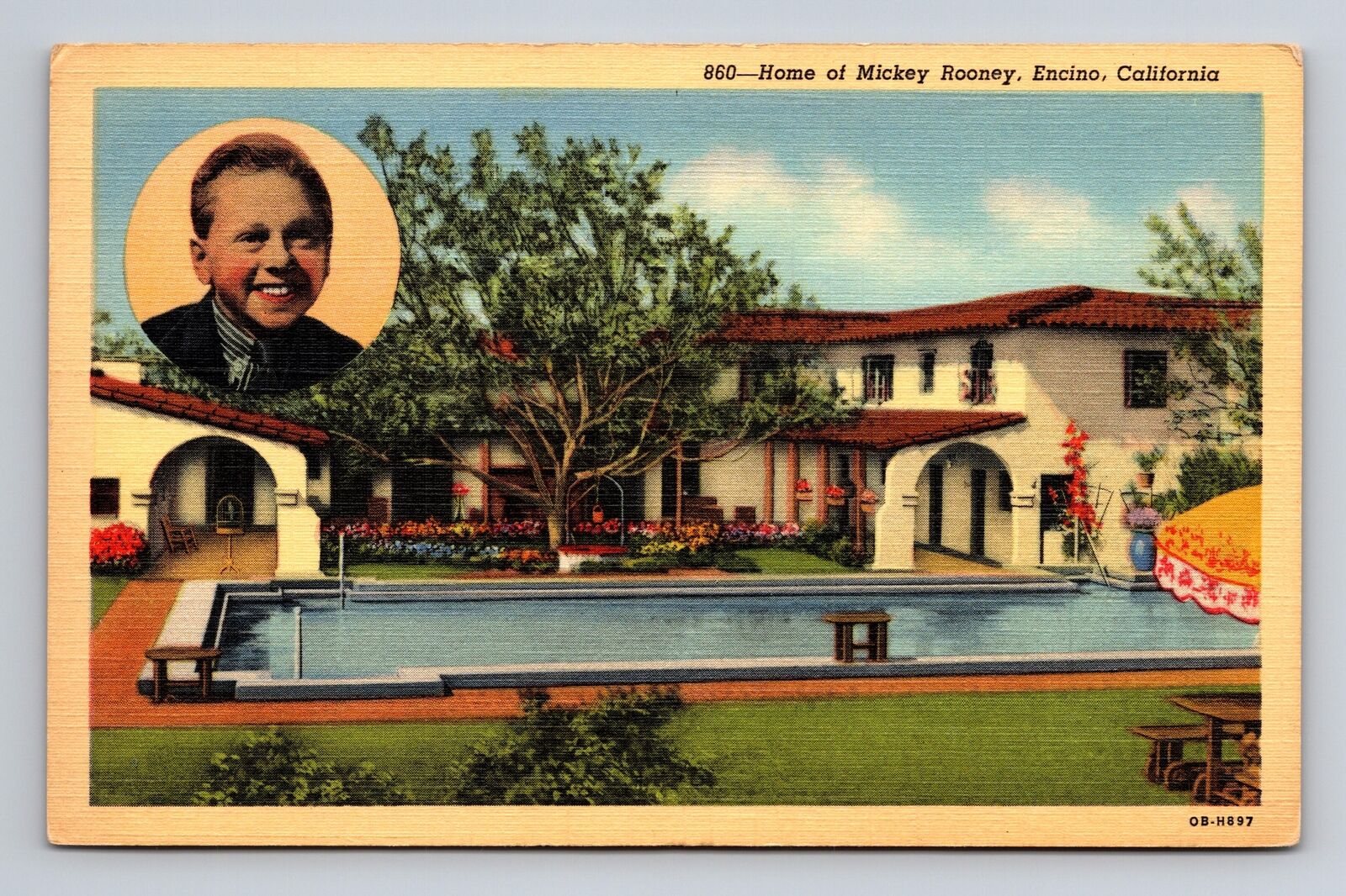 Linen Postcard Encino CA California Home of Mickey Rooney