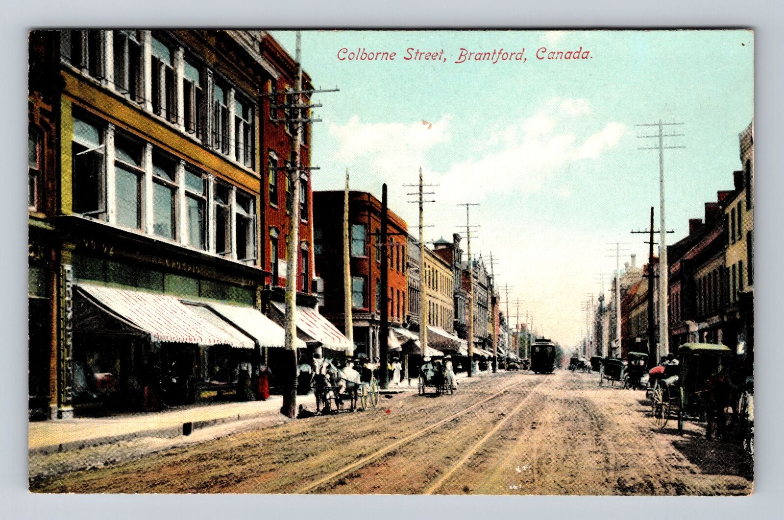 Brantford Canada, Colborne Street, Horses & Wagons, Trolley, Vintage Postcard