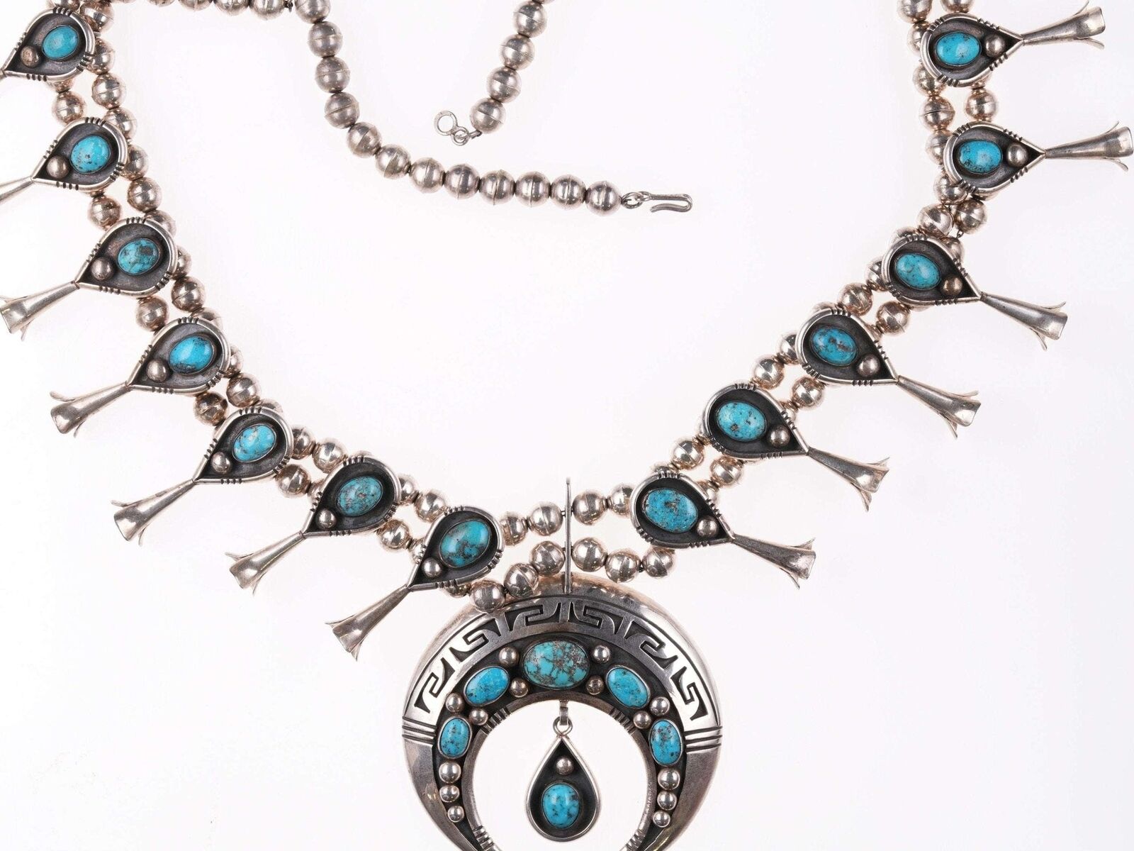 Tom Bahe(1924-2006) Navajo silver and turquoise squash blossom necklace