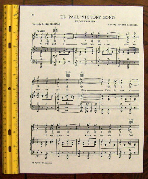 DE PAUL UNIVERSITY Vintage Song Sheet c1938 \