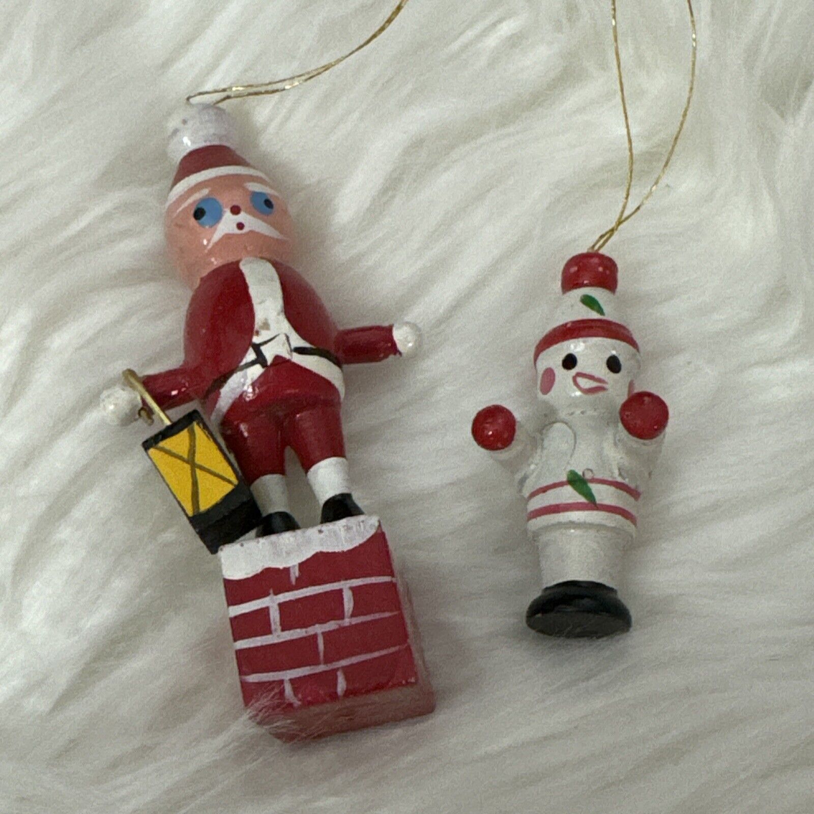Vintage Santa and Snowman Wood Painted Christmas Holiday Ornaments Lot of 2