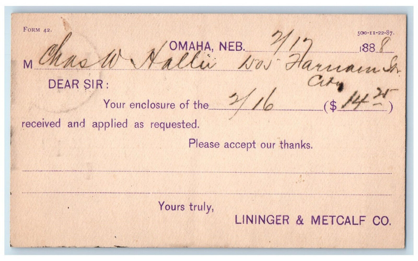 1888 Enclosure ReceivedLininger & Metcalf Co. Chas Haller Omaha NE Postal Card
