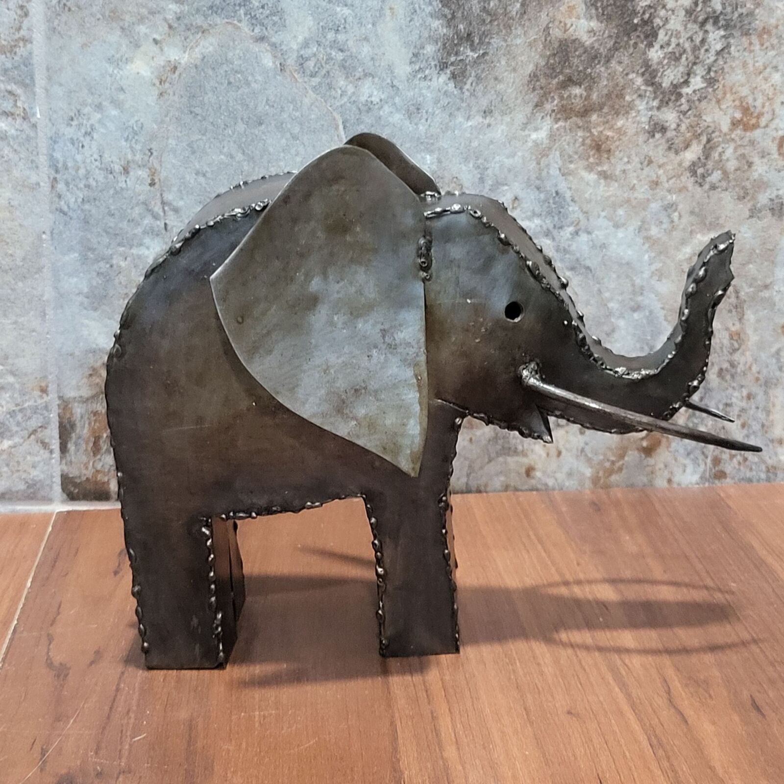 Vintage Metal Welded Elephant Sculpture Trunk Up Rustic Decor