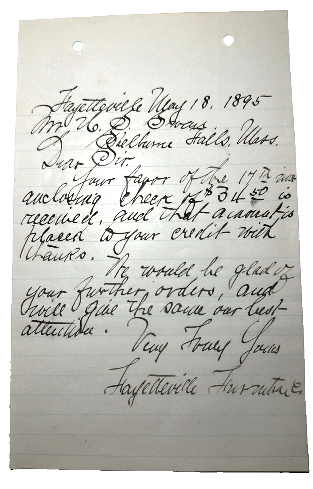 1895 Vintage Fayetteville Furniture Sales Credit Letter Receipt Shelburne Falls