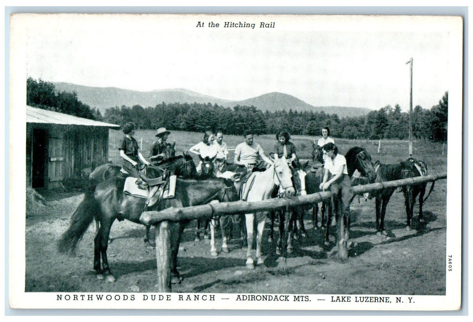 c1940's At Hitching Rail Horses Northwoods Dude Ranch Lake Luzerne NY Postcard