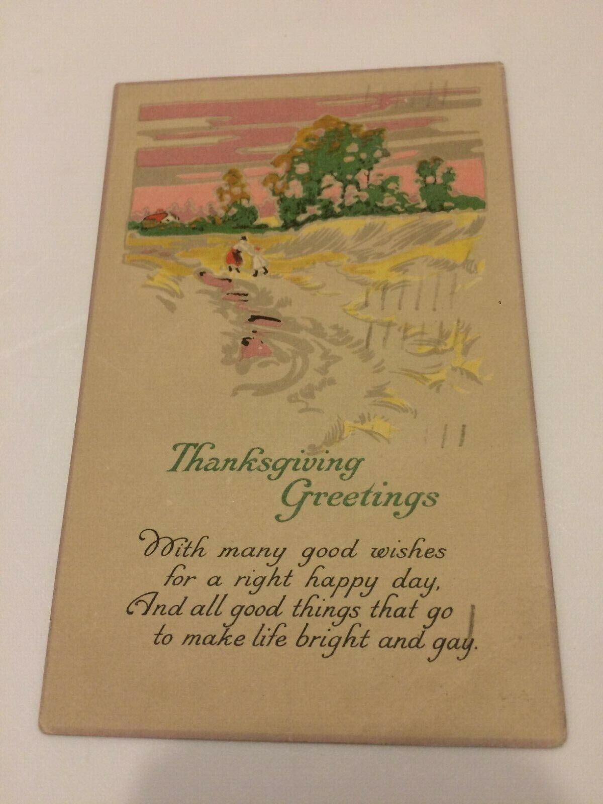 C. 1918 Vintage Thanksgiving Art Deco Postcard Scenic with Poem