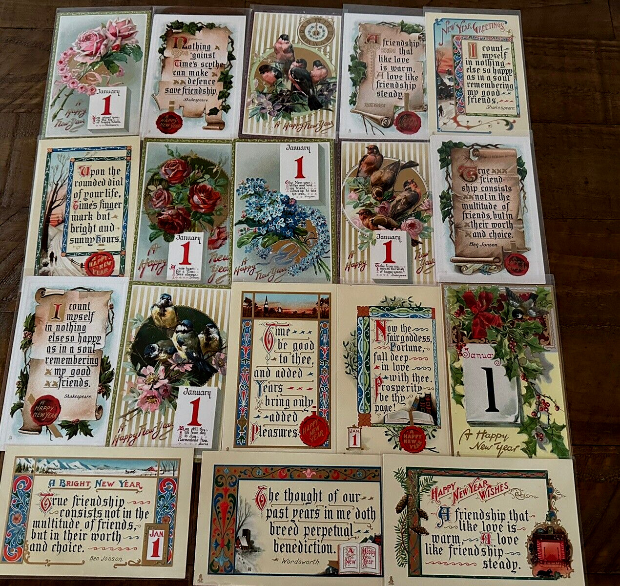 Lot of 18 Antique New Year Postcards ALL RAPHAEL TUCK BIRDS Flowers~900's~h964